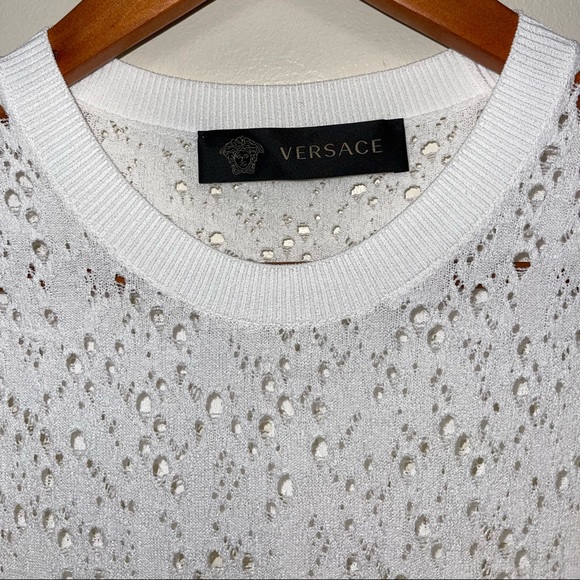 Versace Crewneck long-sleeve tattoo-knit bodycon dress in white - Picture 3 of 5